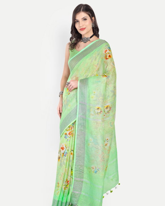 LIME GREEN LINEN SAREE