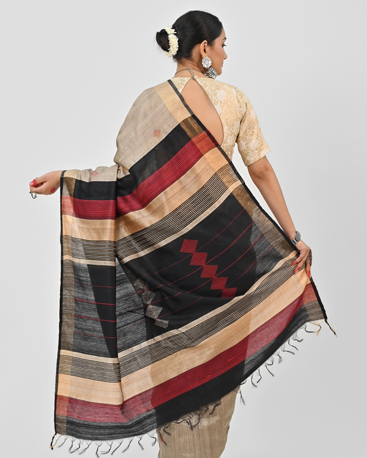 BEIGE TUSSAR SILK SAREE WITH STRIPED PALLU