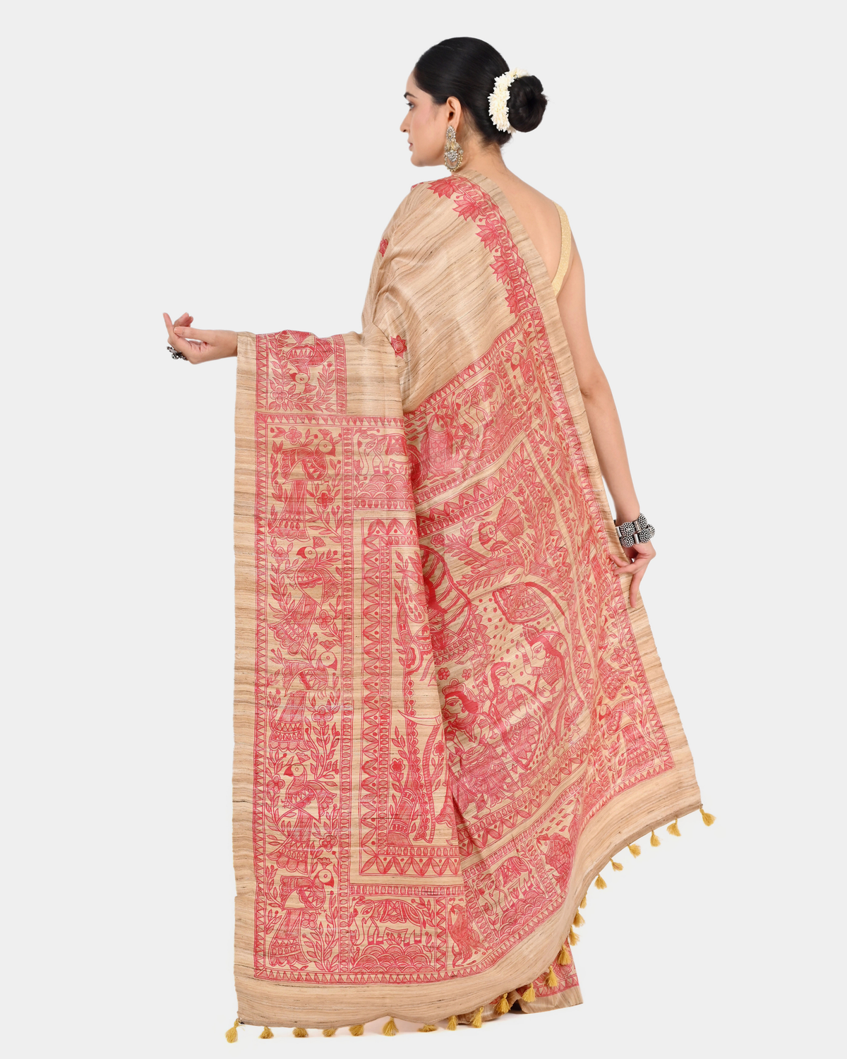 BEIGE MADHUBANI GHICHA SILK SAREE