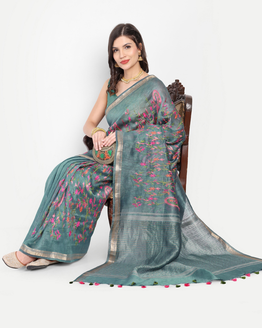 DUSTY TEAL TUSSAR LINEN SAREE