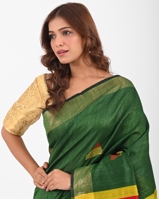 GREEN DUPION SILK SAREE WITH YELLOW AANCHAL