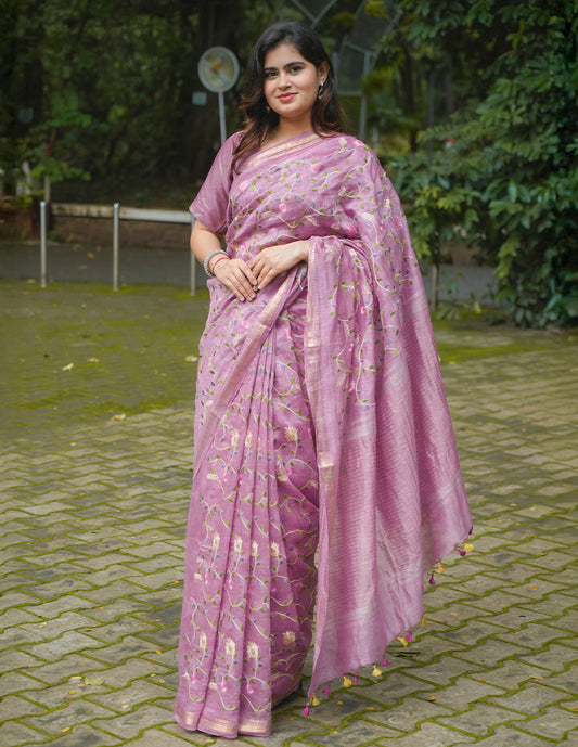DUSTY PINK FLORAL LINEN SAREE