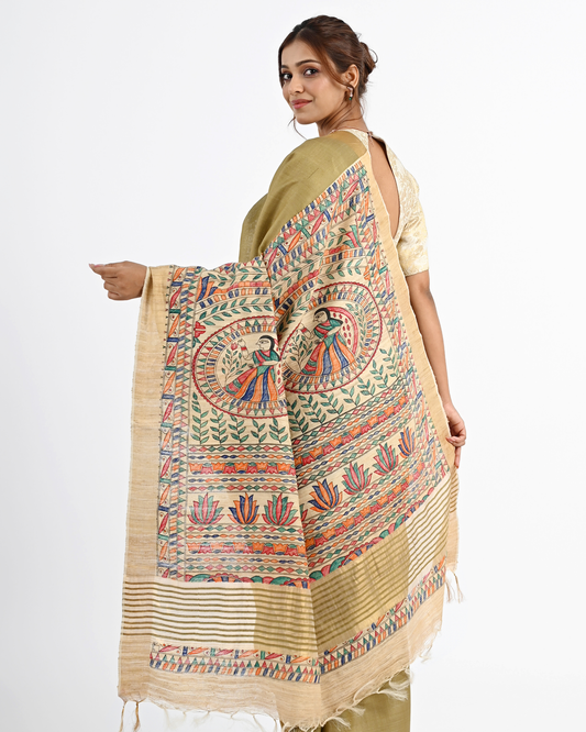 OLIVE ERI SILK SAREE WITH MADHUBANI ART
