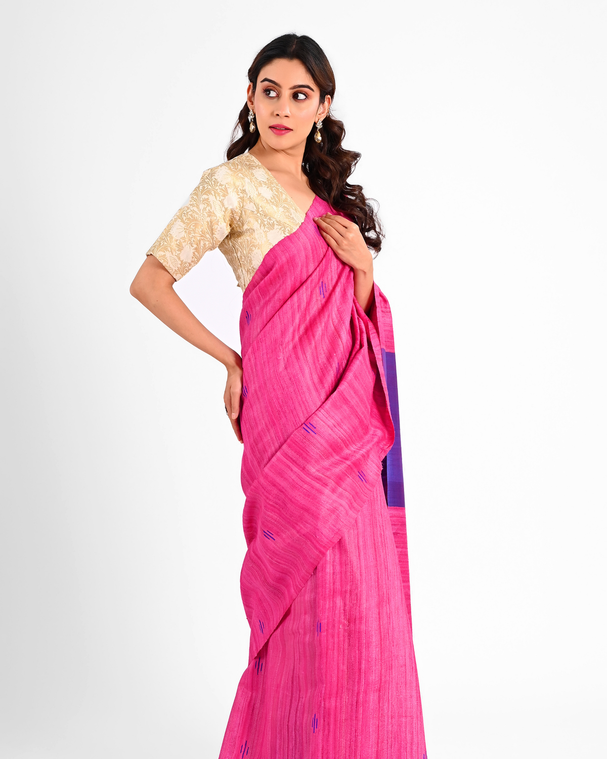 MAGENTA GHICHA SILK SAREE WITH VIOLET BORDER