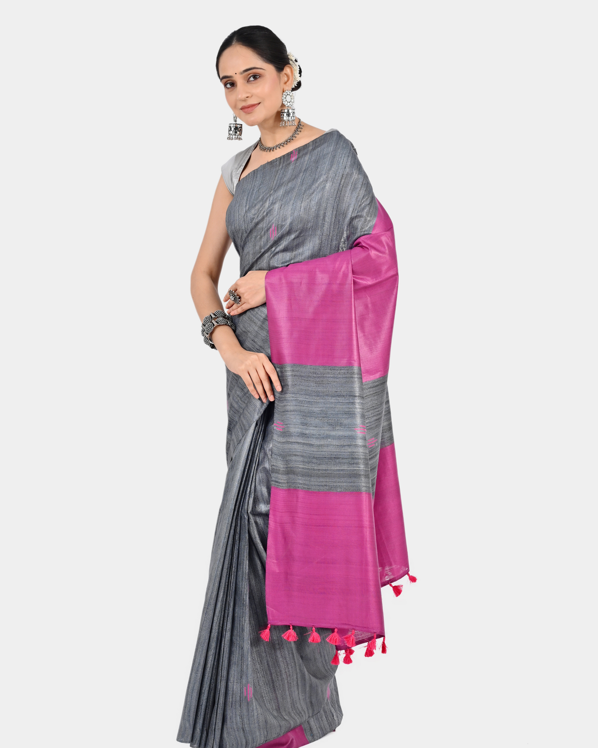 GREY PINK GHICHA SILK SAREE