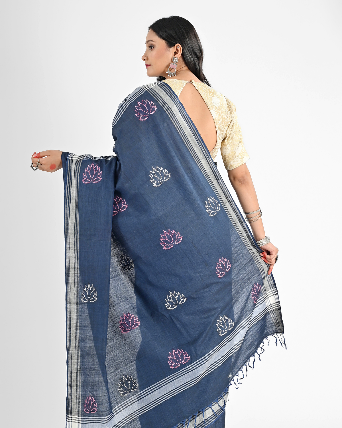 INDIGO BLUE COTTON SAREE WITH 52 BUTI WORK