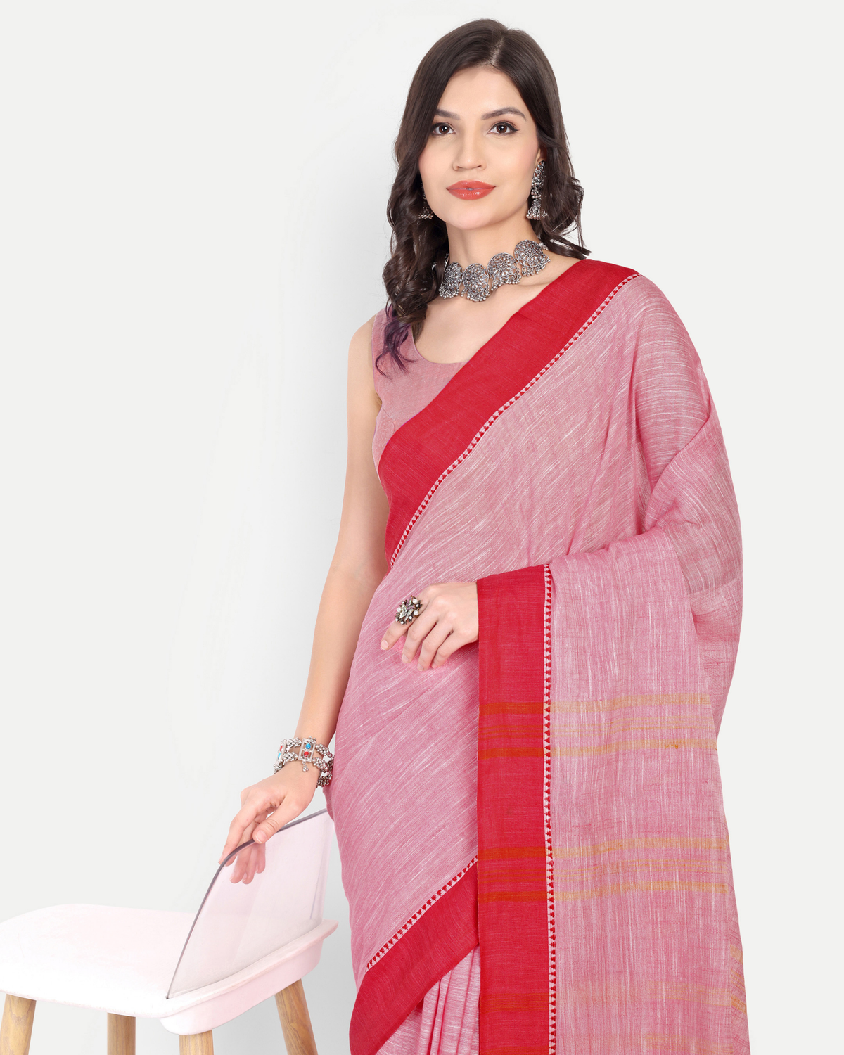 PINK & RED COTTON SLUB SAREE