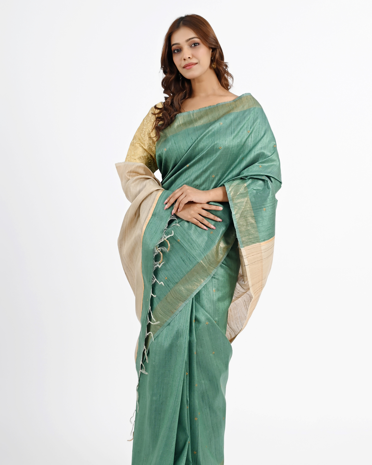 TEAL DUPION SILK SAREE WITH BEIGE PALLU