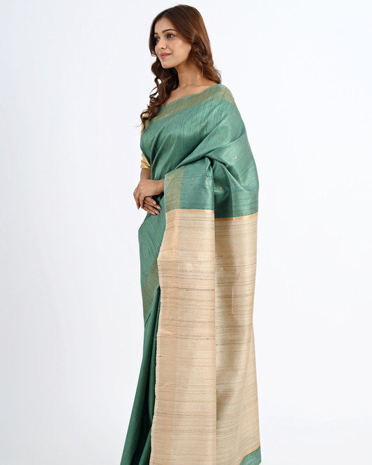 TEAL DUPION SILK SAREE WITH BEIGE PALLU