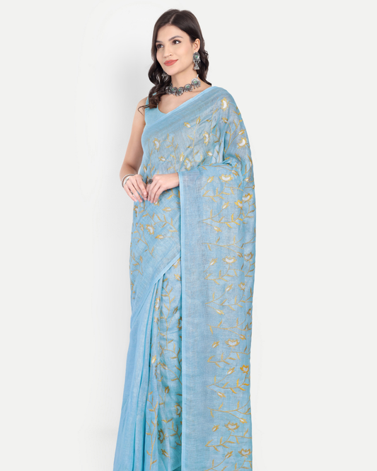 SKY BLUE EMBROIDERED LINEN SAREE