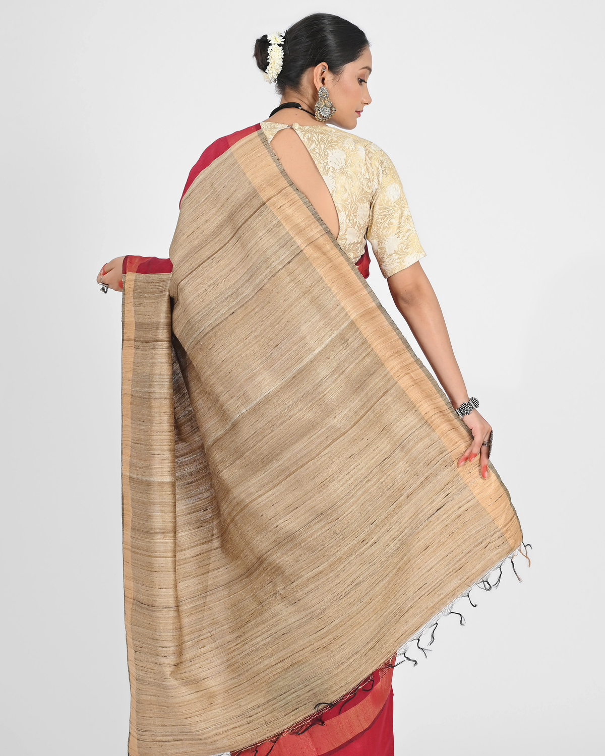RED DUPION SILK SAREE WITH BEIGE PALLU