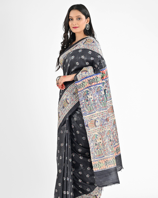 BLACK MADHUBANI GHICHA SILK SAREE