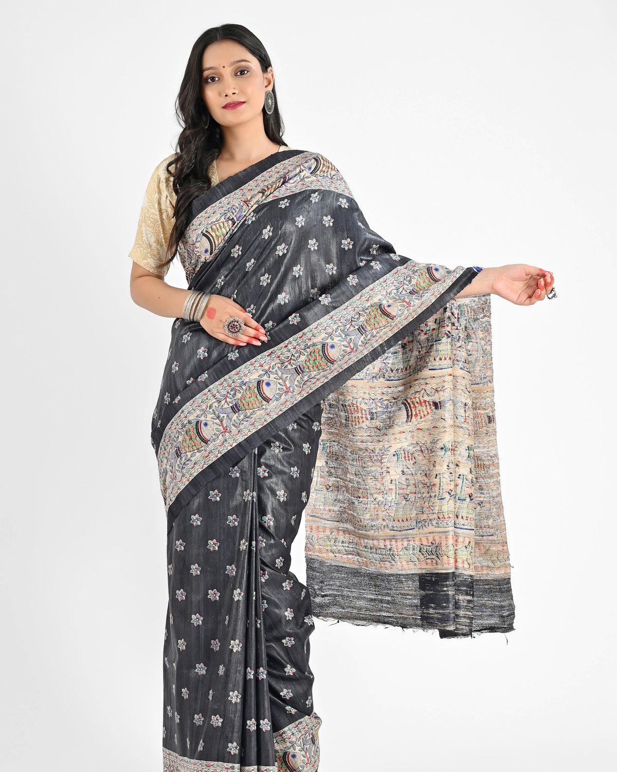 BLACK MADHUBANI GHICHA SILK SAREE
