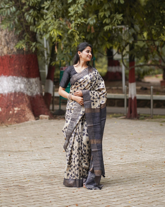 BEIGE BLACK GHICHA SILK SAREE