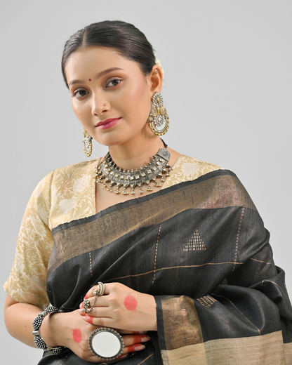 BLACK DUPION SILK SAREE WITH BEIGE PALLU