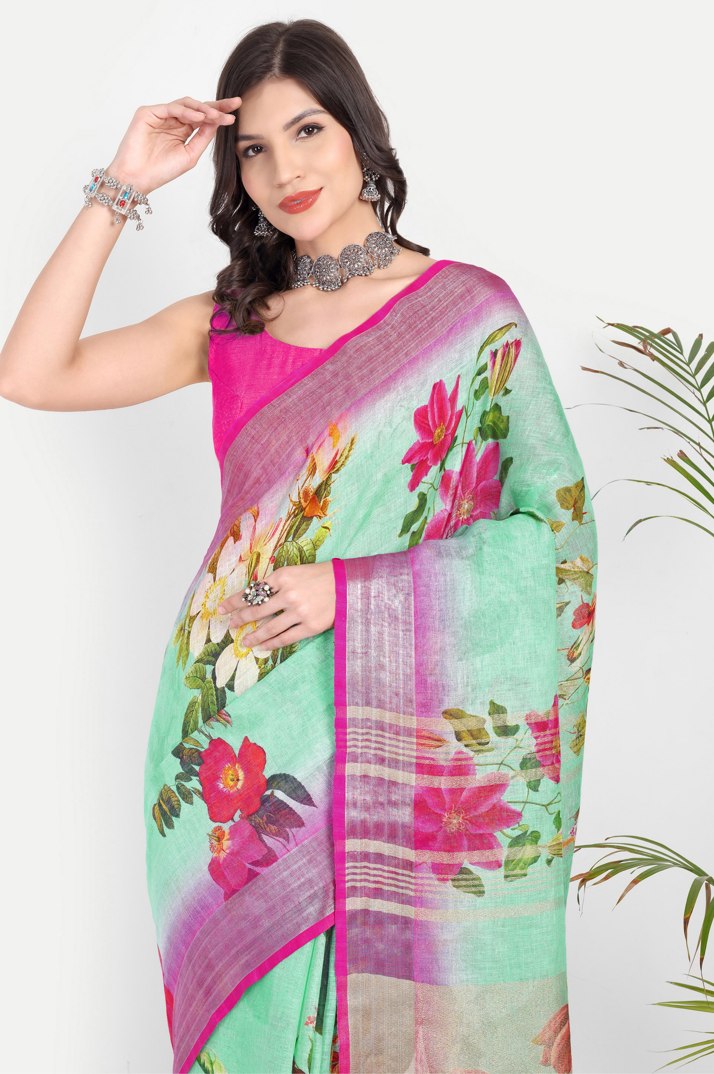 SEA GREEN RANI PINK LINEN SAREE