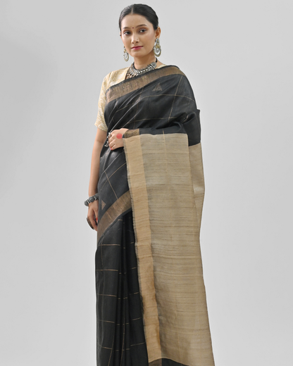 BLACK DUPION SILK SAREE WITH BEIGE PALLU