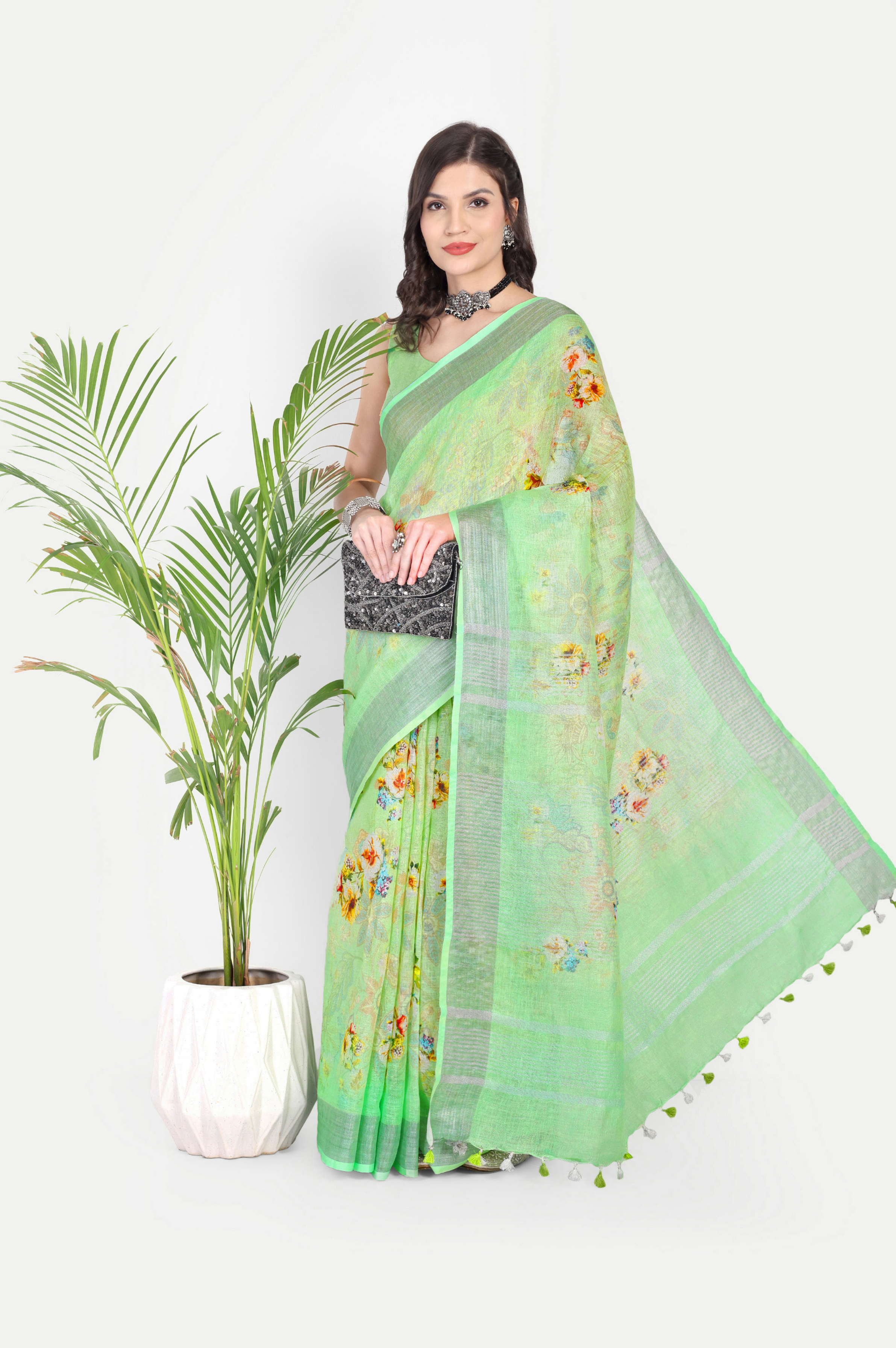 LIME GREEN LINEN SAREE