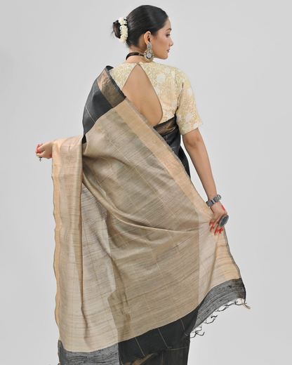 BLACK DUPION SILK SAREE WITH BEIGE PALLU