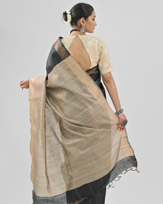 BLACK DUPION SILK SAREE WITH BEIGE PALLU