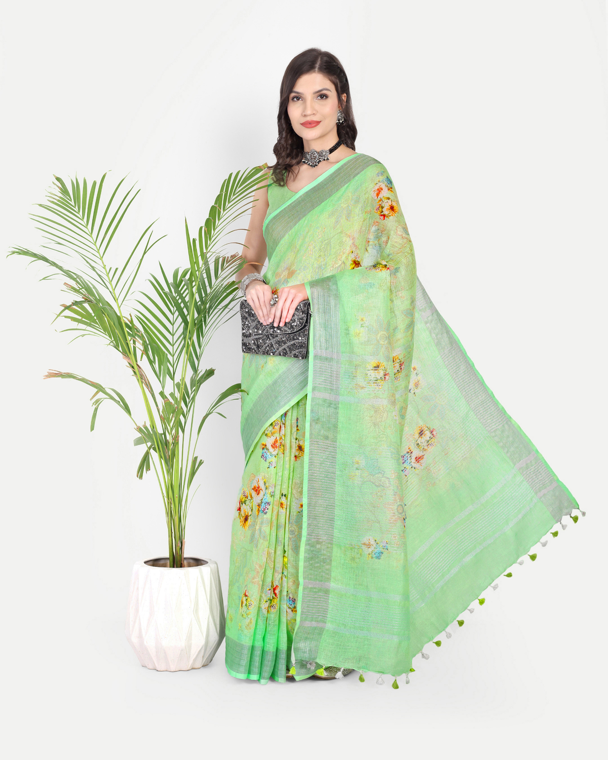 LIME GREEN LINEN SAREE