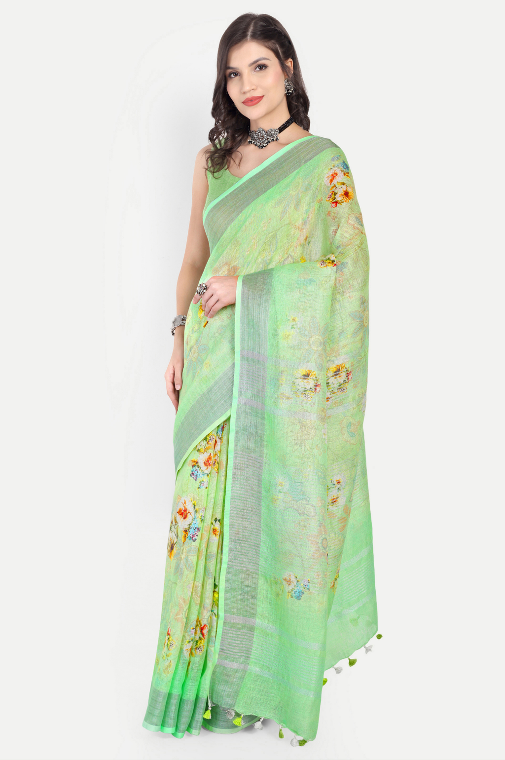LIME GREEN LINEN SAREE