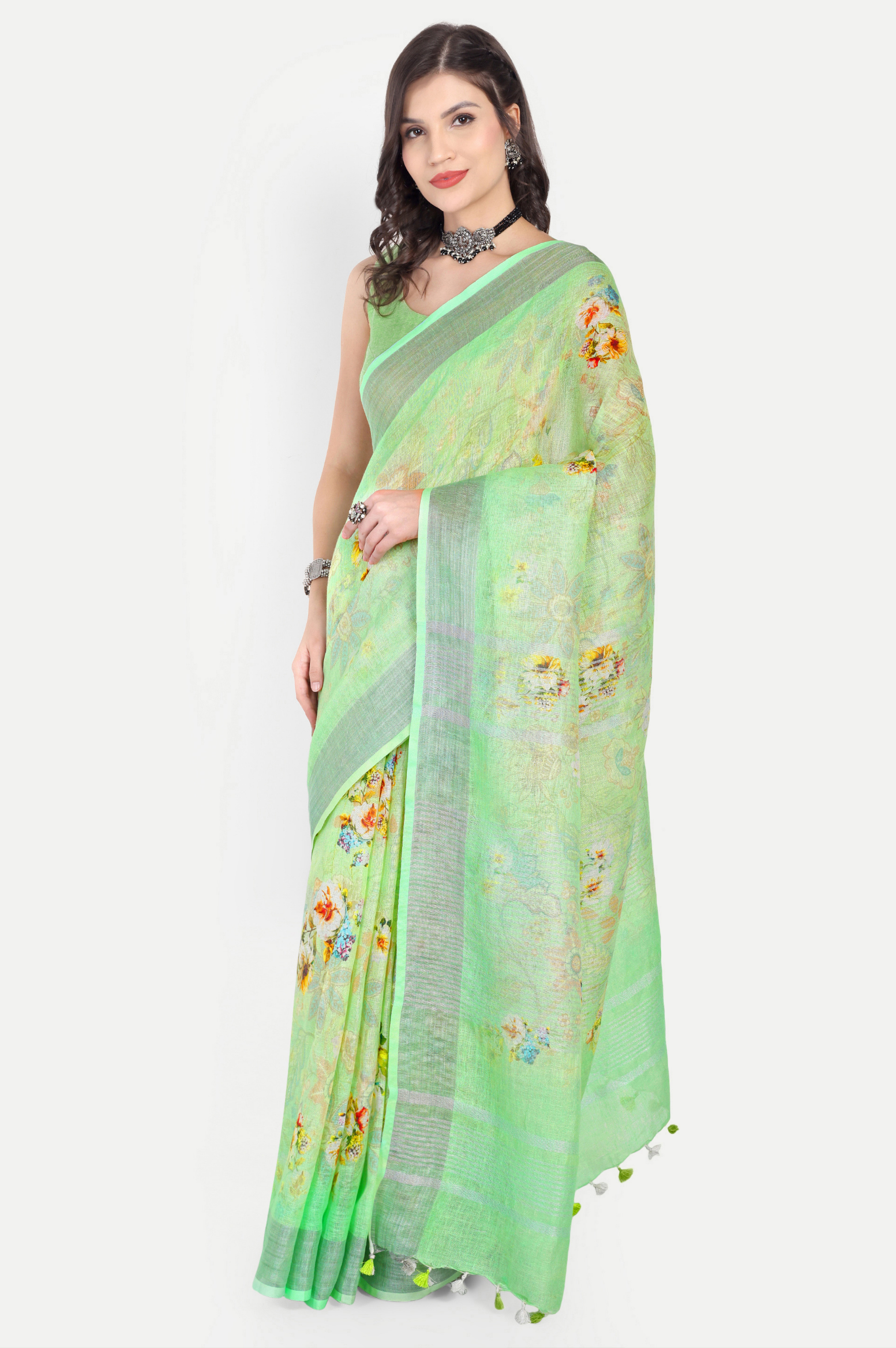 LIME GREEN LINEN SAREE