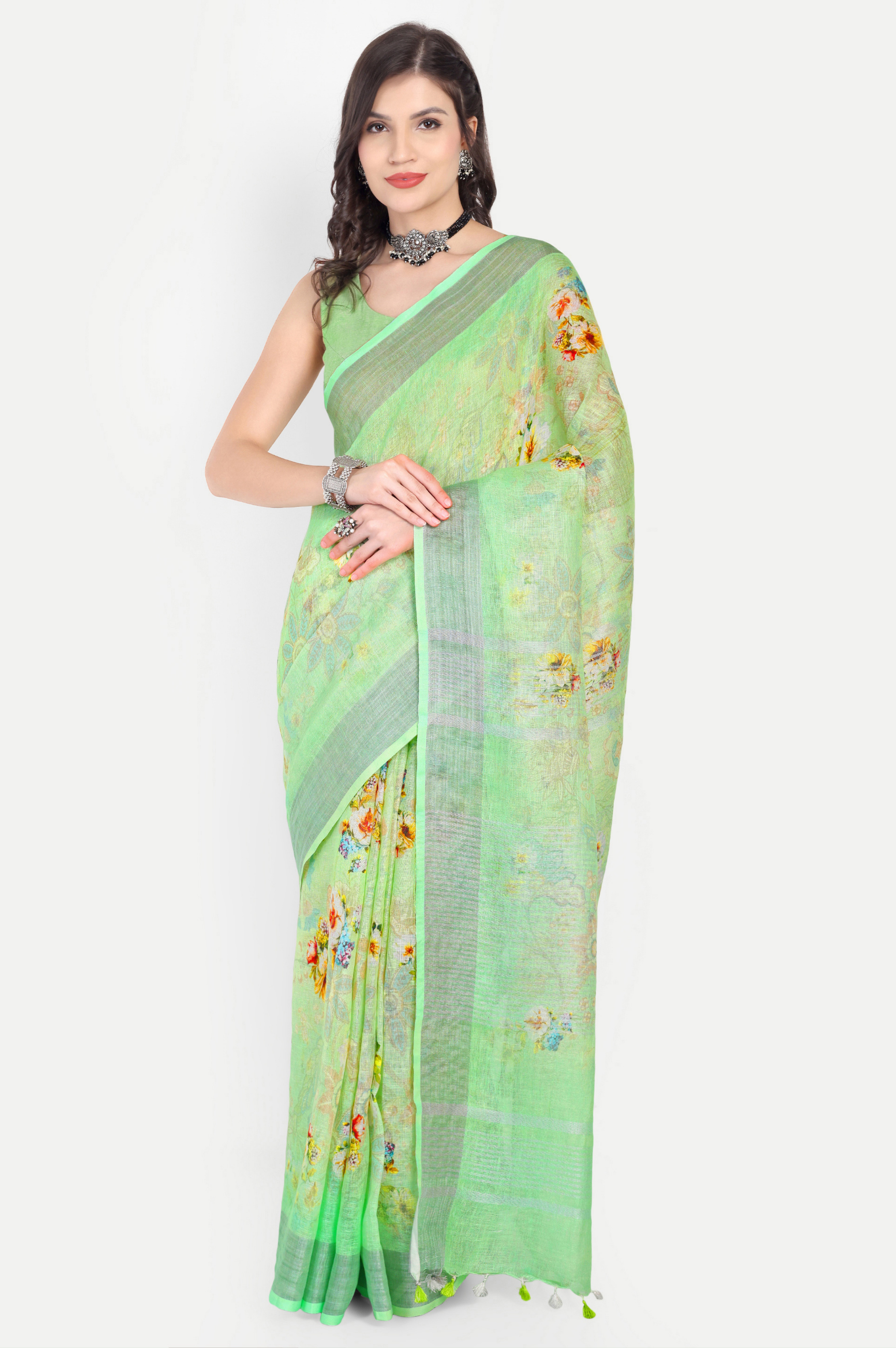 LIME GREEN LINEN SAREE