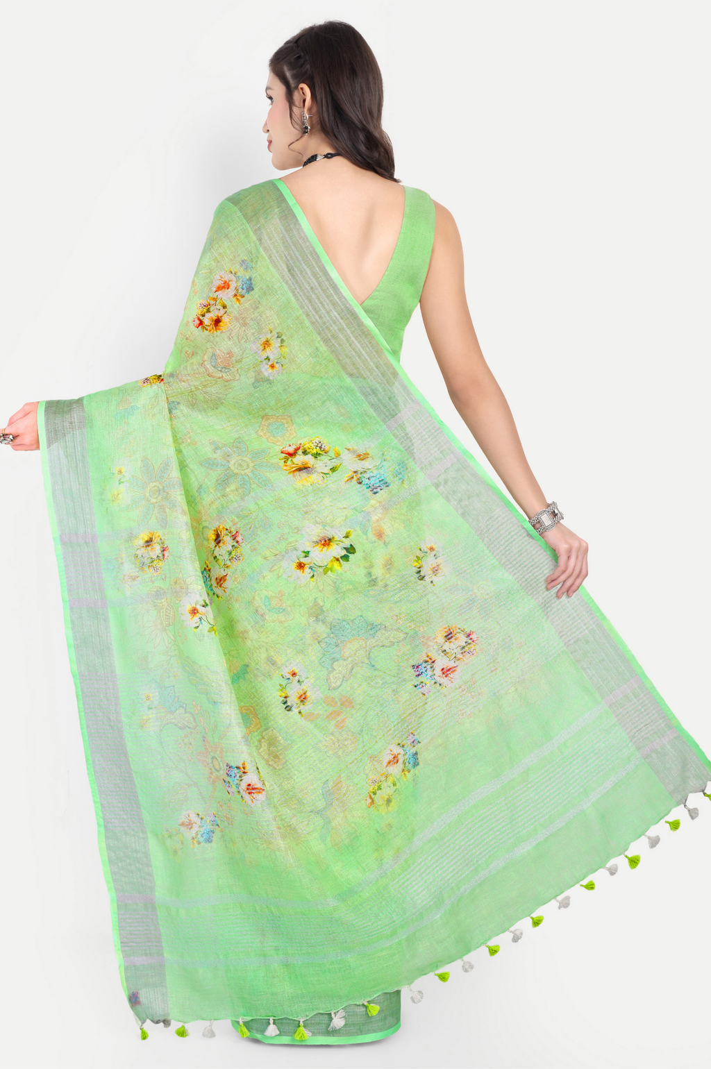 LIME GREEN LINEN SAREE