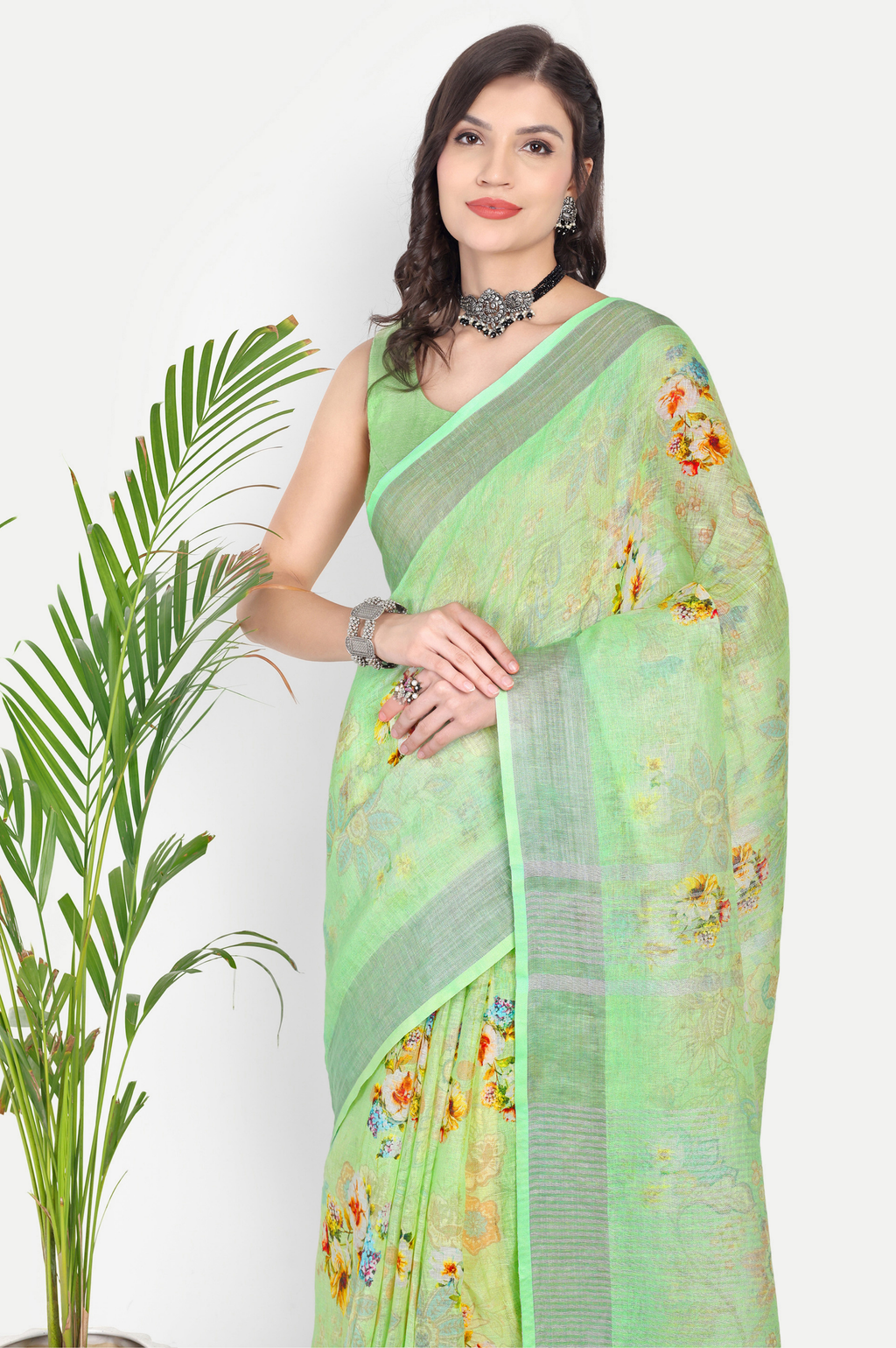 LIME GREEN LINEN SAREE
