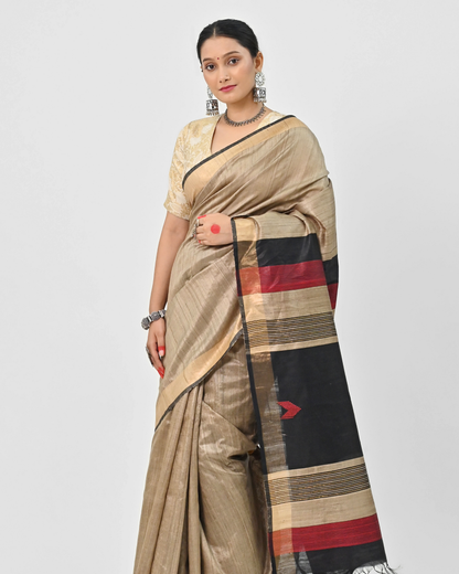 BEIGE TUSSAR SILK SAREE WITH STRIPED PALLU
