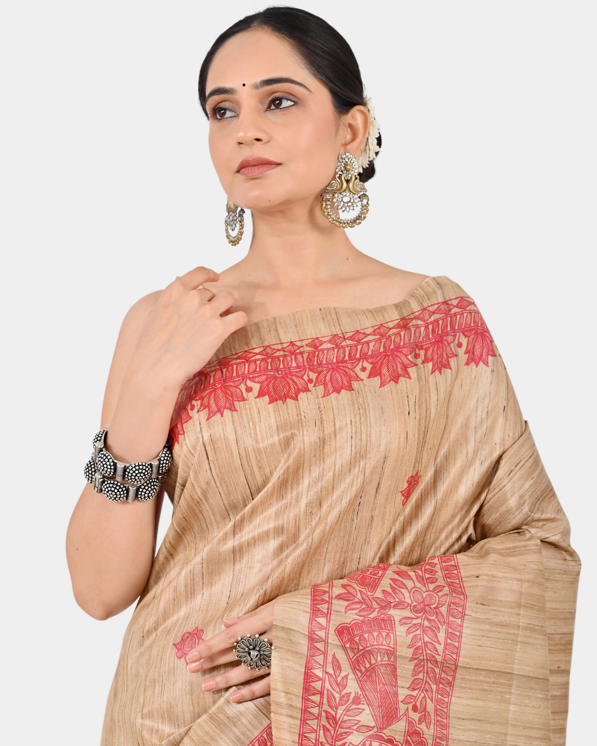 BEIGE MADHUBANI GHICHA SILK SAREE