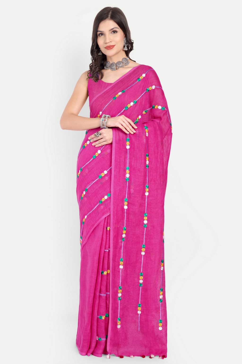 RANI PINK EMBROIDERED LINEN SAREE