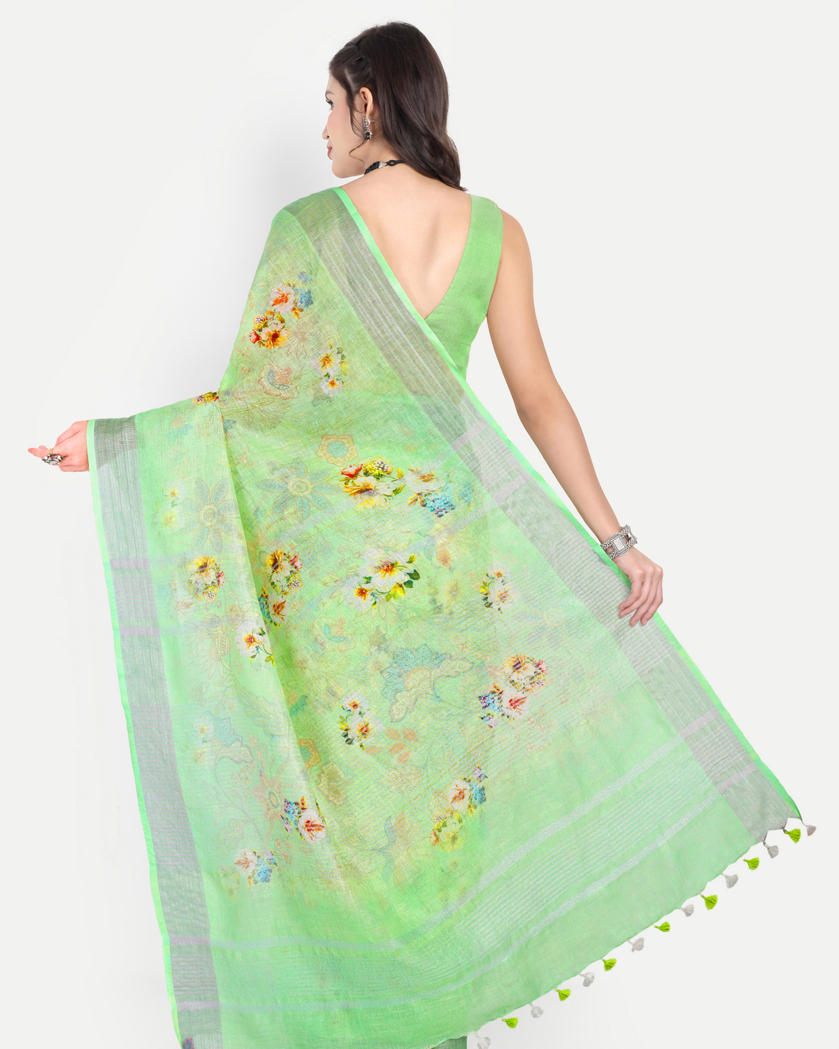 LIME GREEN LINEN SAREE