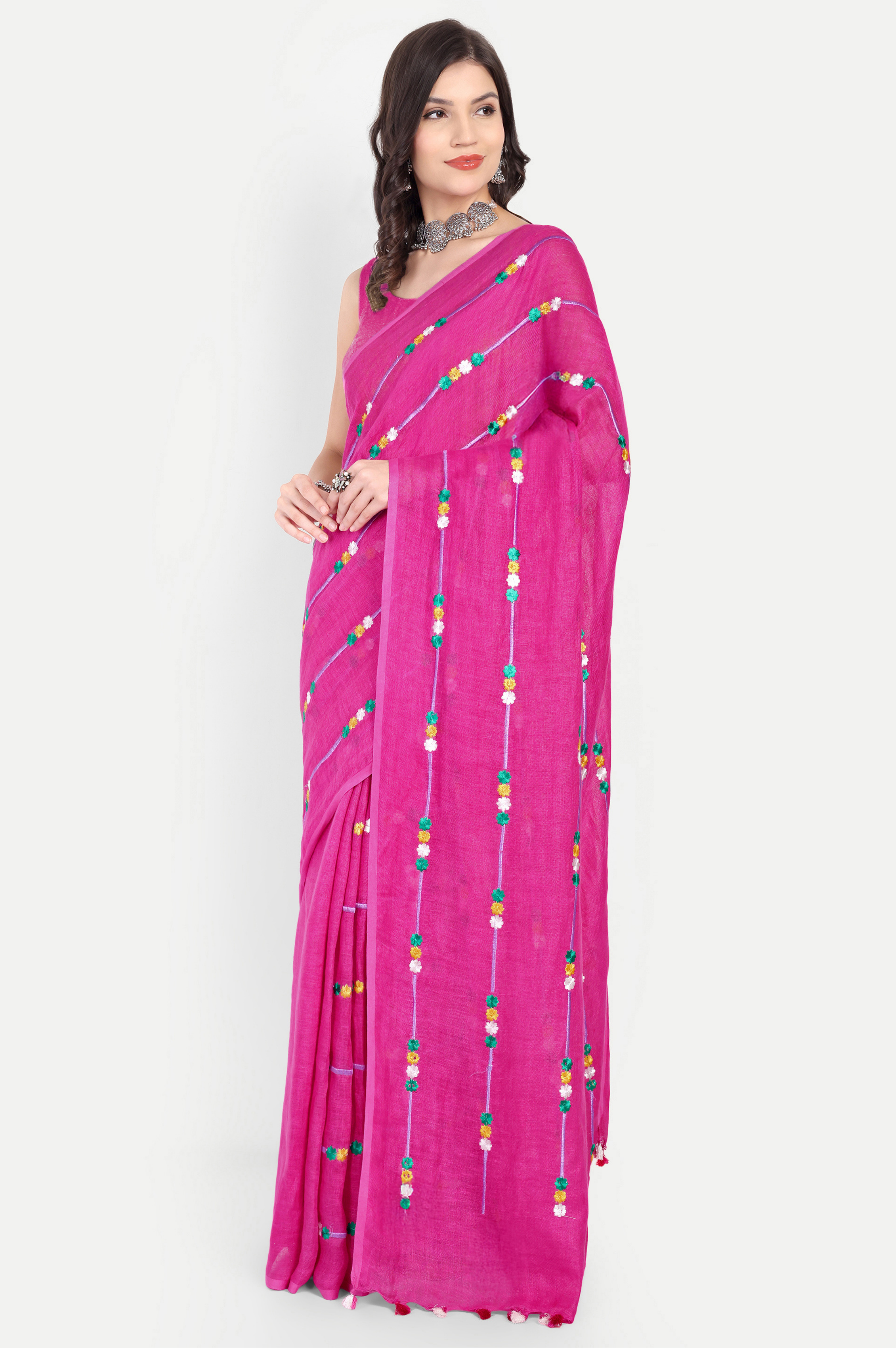 RANI PINK EMBROIDERED LINEN SAREE