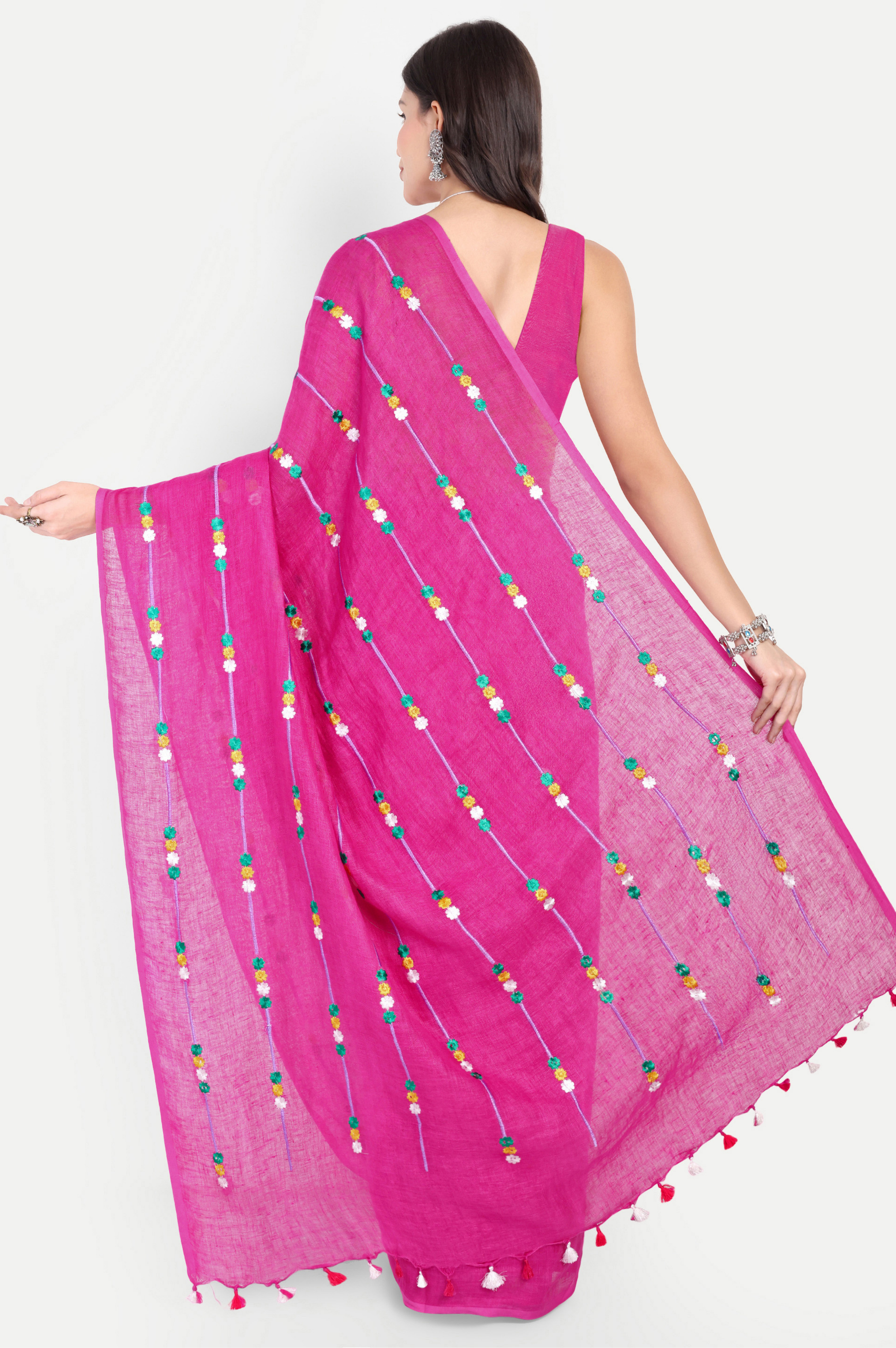 RANI PINK EMBROIDERED LINEN SAREE