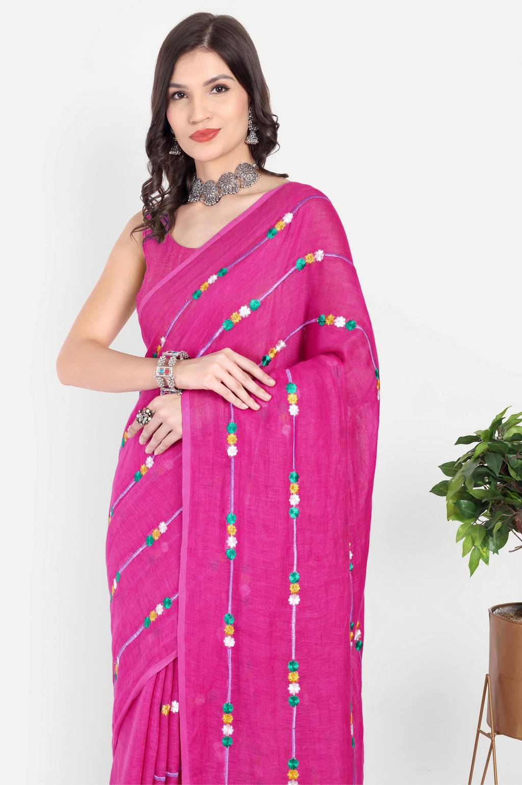 RANI PINK EMBROIDERED LINEN SAREE