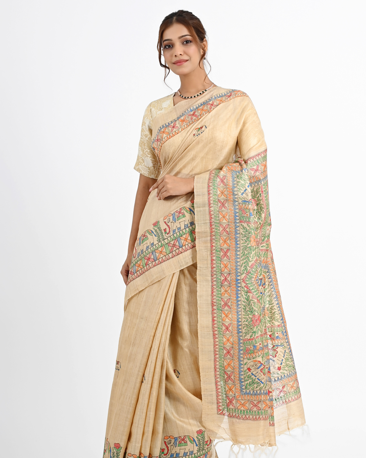 BEIGE TUSSAR SILK SAREE WITH MADHUBANI ART