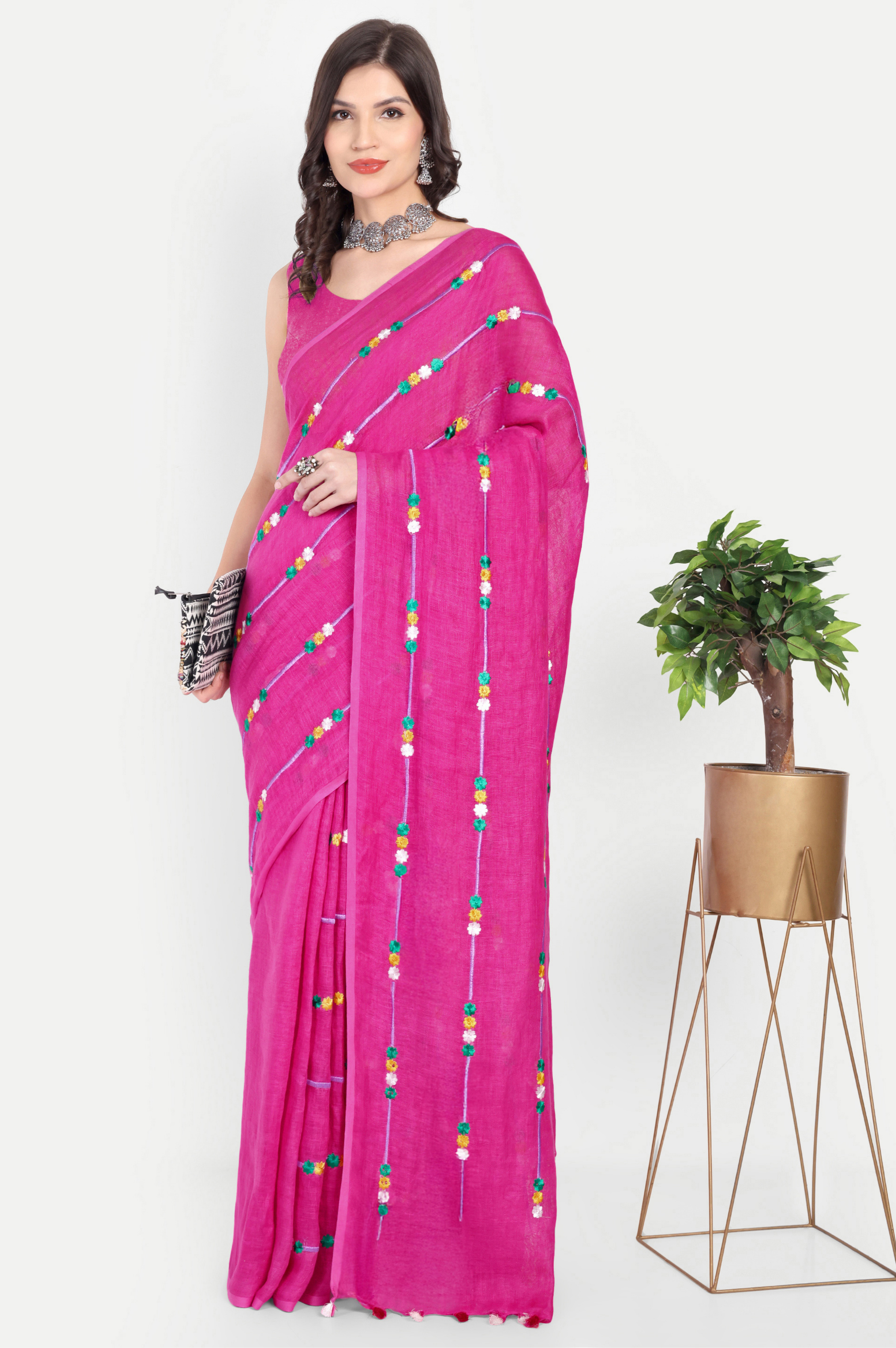 RANI PINK EMBROIDERED LINEN SAREE