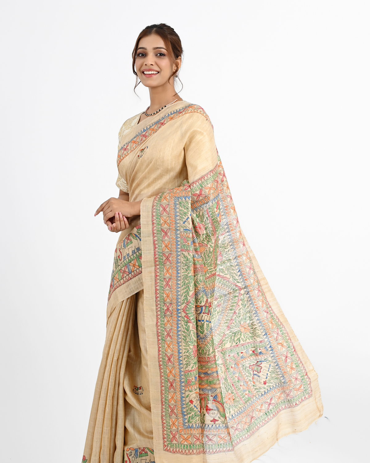 BEIGE TUSSAR SILK SAREE WITH MADHUBANI ART
