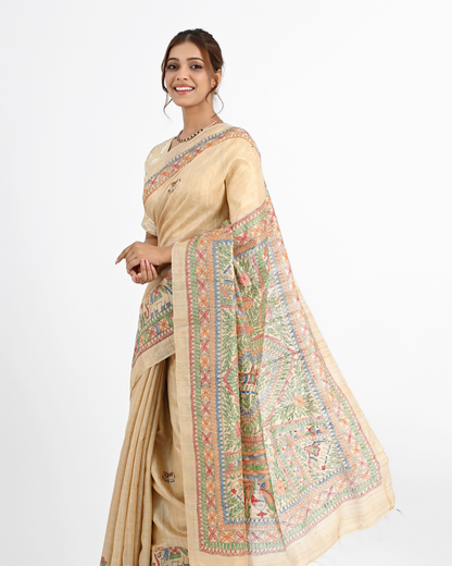 BEIGE TUSSAR SILK SAREE WITH MADHUBANI ART