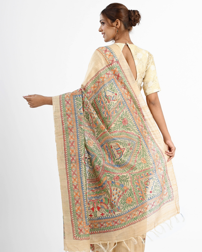 BEIGE TUSSAR SILK SAREE WITH MADHUBANI ART