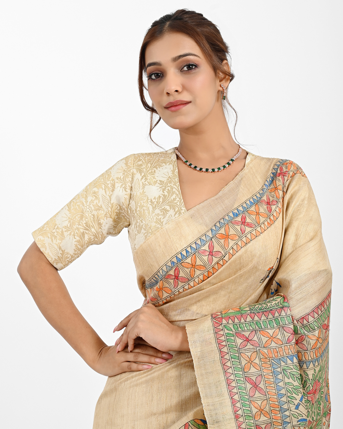 BEIGE TUSSAR SILK SAREE WITH MADHUBANI ART