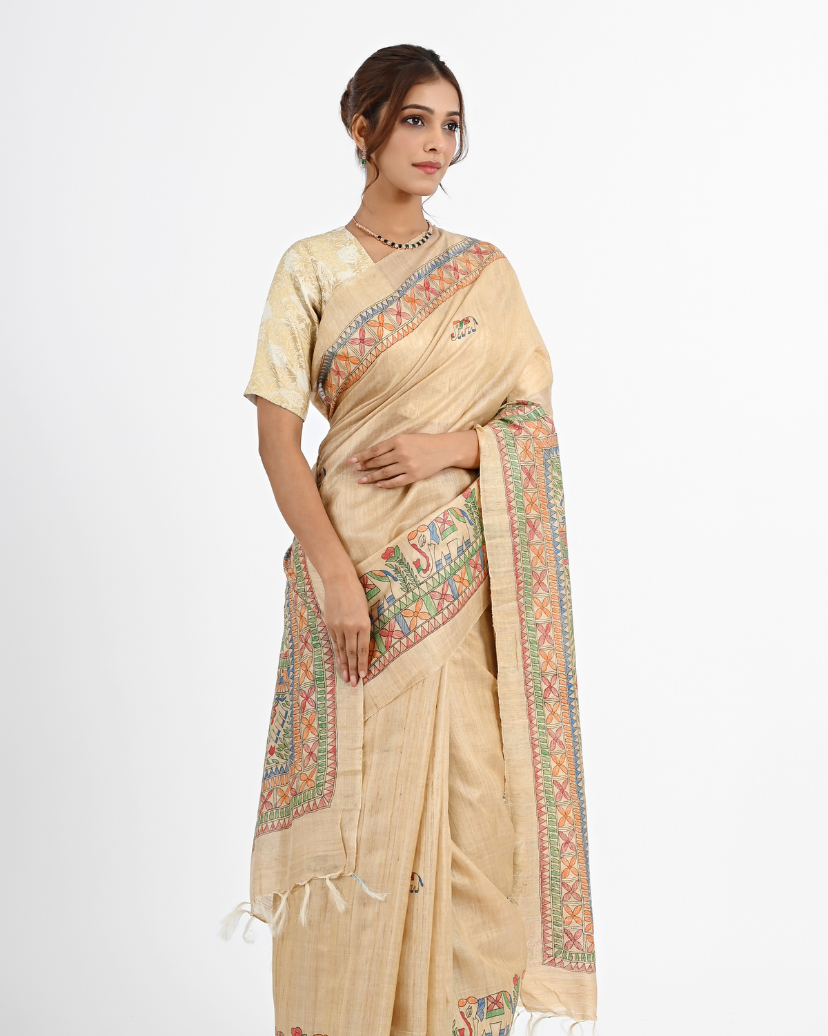 BEIGE TUSSAR SILK SAREE WITH MADHUBANI ART