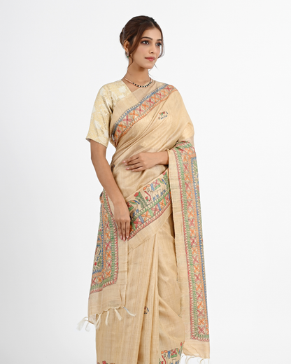 BEIGE TUSSAR SILK SAREE WITH MADHUBANI ART
