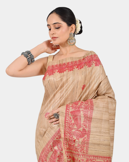 BEIGE MADHUBANI GHICHA SILK SAREE