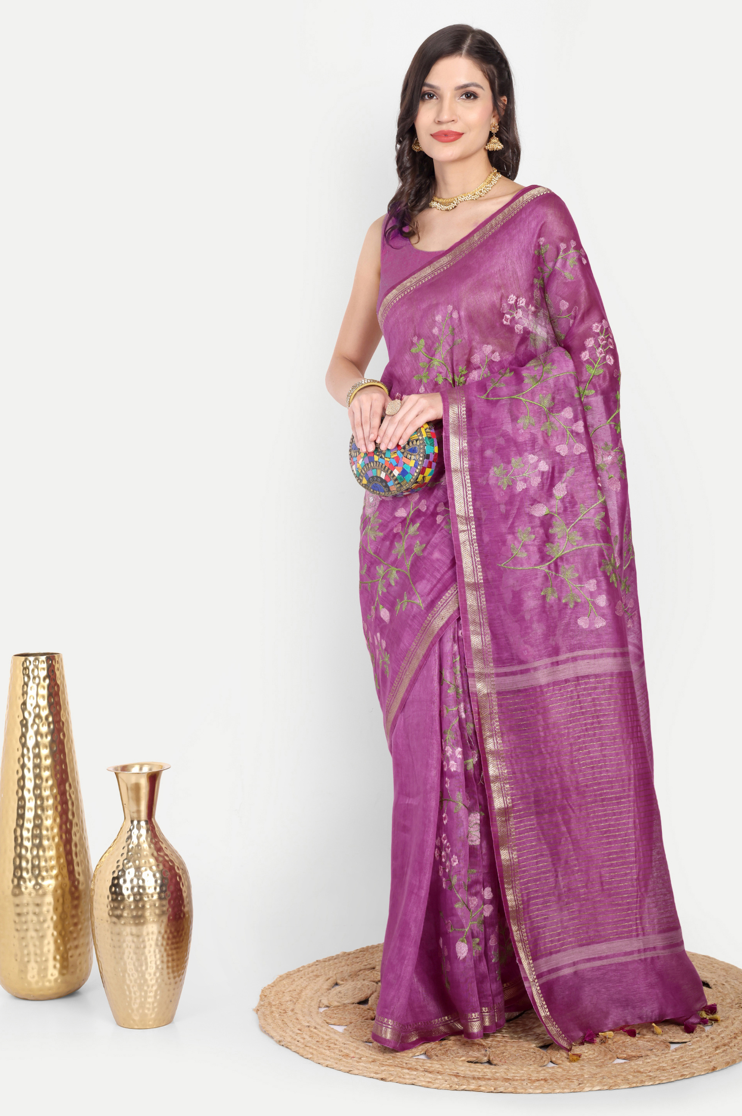 ORCHID PURPLE FLORAL LINEN SAREE