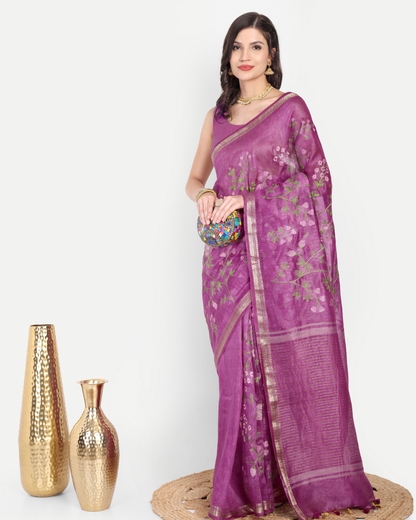 ORCHID PURPLE FLORAL LINEN SAREE