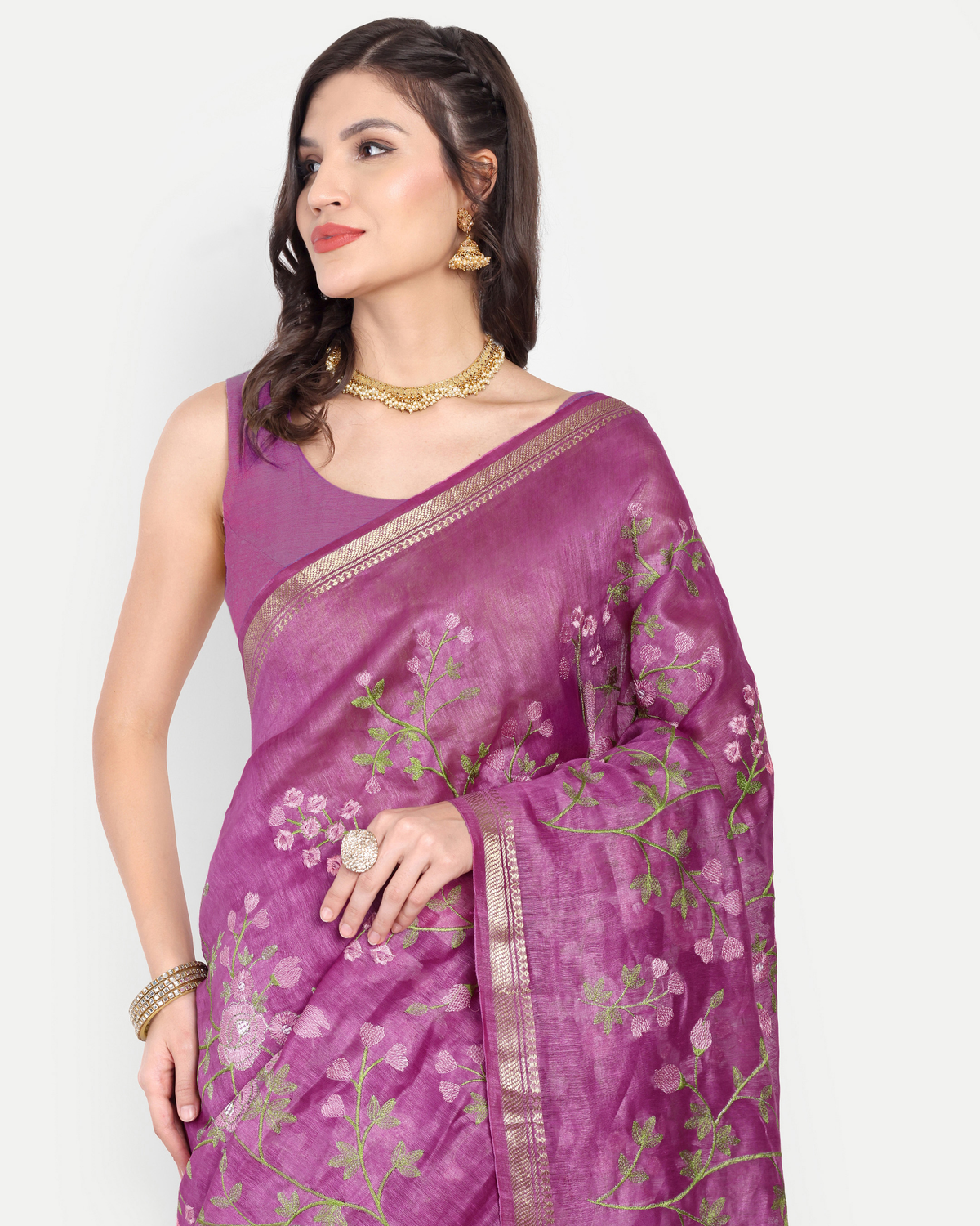 ORCHID PURPLE FLORAL LINEN SAREE