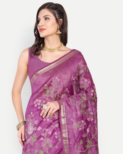 ORCHID PURPLE FLORAL LINEN SAREE
